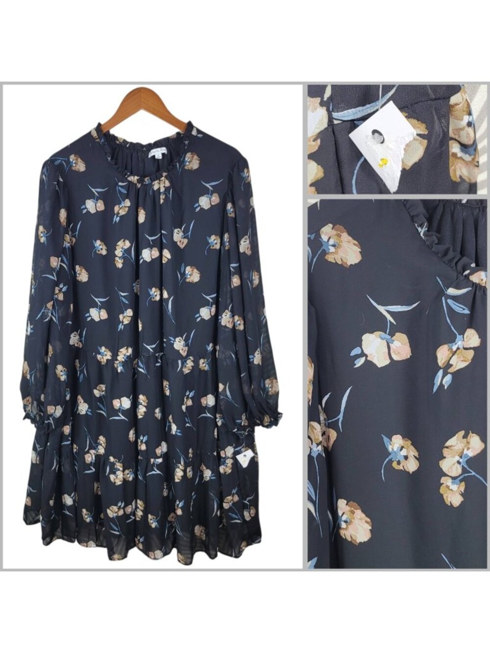 NEW Ophelia Shirt Dress Plus 3X party Stretch Floral Layered mesh Black Tiered